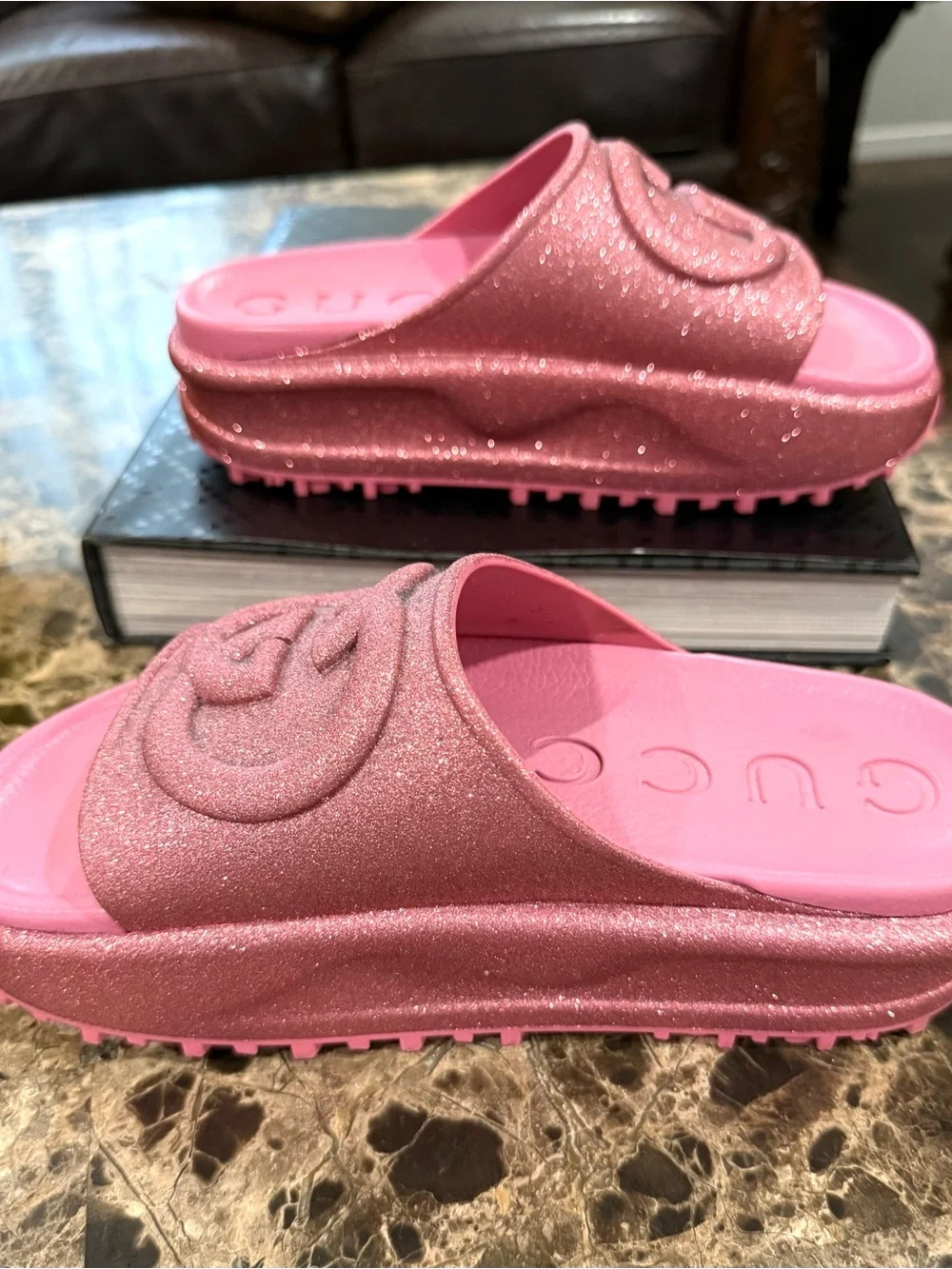 Gucci Pink Glitter GG Platform Slides Sandals I 36 Authentic